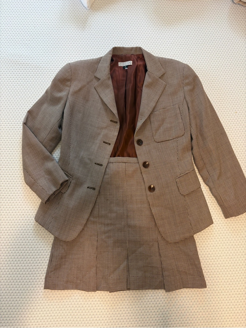 Barneys New York Wool Brown Houndstooth Blazer and Skirt Set